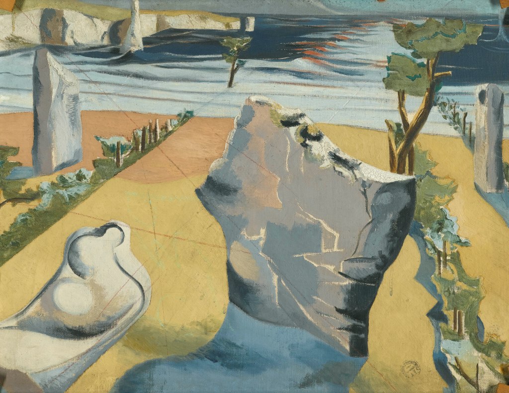 Paul Nash, Circle of the Monoliths c.1937–8, Verso: The Two Serpents (1937-8, Oil paint on canvas, 710 x 920 mm, Private collection.)